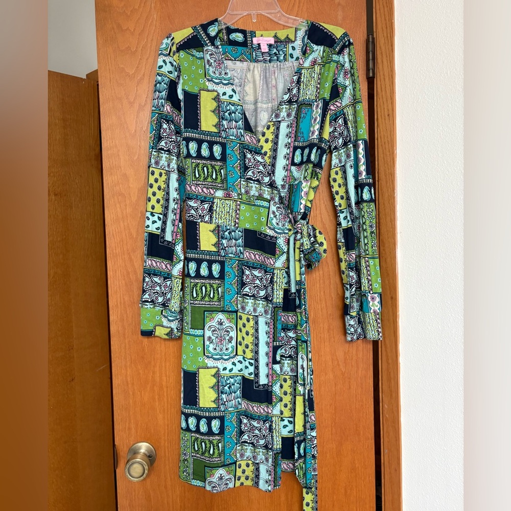 EUC Lilly Pulitzer silk jersey patch print wrap dress 14